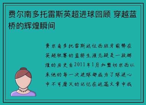 费尔南多托雷斯英超进球回顾 穿越蓝桥的辉煌瞬间